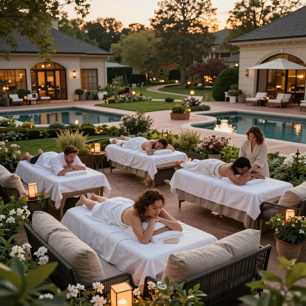 A serene and romantic weekend spa resort setting in Princeton, NJ. In the foreground, a cozy outdoor lounge area with plush seating, draped in soft white linens, and surrounded by flowering plants and gentle greenery. In the middle ground, couples are enjoying spa treatments, featuring soothing massages while wearing comfortable robes, their expressions relaxed and content. The background captures a tranquil landscape of the resort, with elegant architecture, reflecting pools, and softly illuminated pathways leading to a beautifully landscaped garden. The scene is bathed in warm, golden hour lighting, creating a dreamy and inviting atmosphere. Capture this tranquil moment from an aerial view to showcase the harmony between relaxation and nature, highlighting the enchanting escape that awaits couples. A serene and romantic weekend spa resort setting in Princeton, NJ. In the foreground, a cozy outdoor lounge area with plush seating, draped in soft white linens, and surrounded by flowering plants and gentle greenery. In the middle ground, couples are enjoying spa treatments, featuring soothing massages while wearing comfortable robes, their expressions relaxed and content. The background captures a tranquil landscape of the resort, with elegant architecture, reflecting pools, and softly illuminated pathways leading to a beautifully landscaped garden. The scene is bathed in warm, golden hour lighting, creating a dreamy and inviting atmosphere. Capture this tranquil moment from an aerial view to showcase the harmony between relaxation and nature, highlighting the enchanting escape that awaits couples.