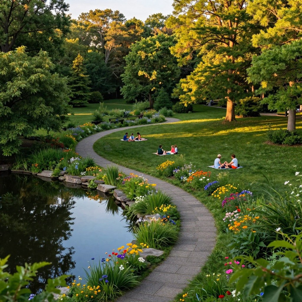 A serene hidden park in Bergen County, NJ, featuring lush greenery, winding trails, and vibrant wildflowers in full bloom. In the foreground, a stone path meanders past a tranquil pond reflecting the blue sky and surrounding trees. The middle ground showcases families enjoying a picnic on the grass, with children playing nearby, all depicted in modest casual clothing. The background reveals dense forest trees filtering soft, dappled sunlight, giving a warm and inviting feel. The scene is captured in the golden hour, creating a peaceful and idyllic atmosphere. The perspective is slightly elevated, resembling an aerial view that emphasizes the park's hidden nature, evoking a sense of discovery and tranquility. Soft focus on the edges enhances the depth, drawing the viewer's eye to the center of this hidden gem.