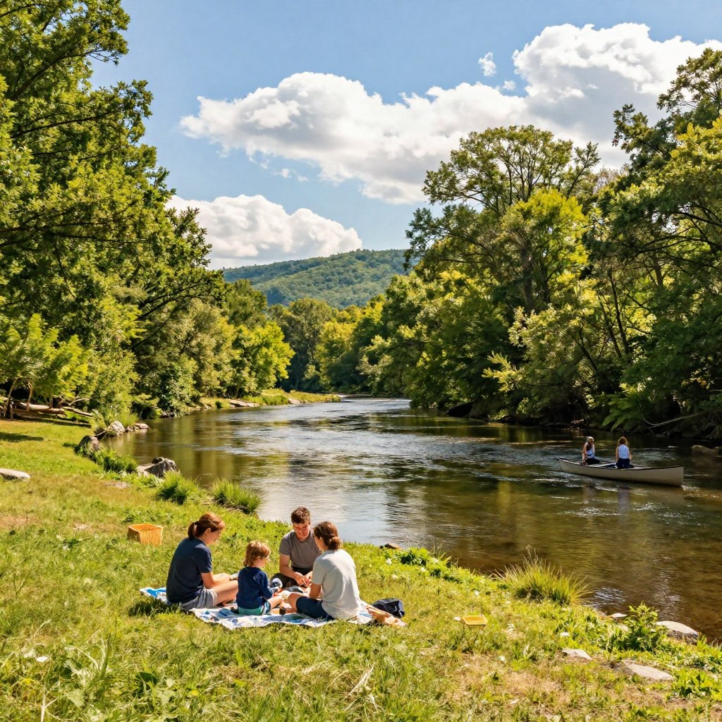 A serene scene depicting Rancocas Creek in Burlington County, NJ, during a sunny afternoon, with the foreground showcasing a family enjoying a picnic on a grassy riverbank. The middle ground features the gently flowing creek, lined with tall trees and vibrant green foliage reflecting in the water. In the background, rolling hills under a bright blue sky with fluffy white clouds add depth to the landscape. The sunlight casts warm, dappled light patterns, enhancing the inviting atmosphere, while a canoe glides peacefully along the creek. The image captures the essence of outdoor recreation, promoting tranquility and family togetherness in nature. Use a wide-angle lens to emphasize the landscape's expansive beauty. A serene scene depicting Rancocas Creek in Burlington County, NJ, during a sunny afternoon, with the foreground showcasing a family enjoying a picnic on a grassy riverbank. The middle ground features the gently flowing creek, lined with tall trees and vibrant green foliage reflecting in the water. In the background, rolling hills under a bright blue sky with fluffy white clouds add depth to the landscape. The sunlight casts warm, dappled light patterns, enhancing the inviting atmosphere, while a canoe glides peacefully along the creek. The image captures the essence of outdoor recreation, promoting tranquility and family togetherness in nature. Use a wide-angle lens to emphasize the landscape's expansive beauty.