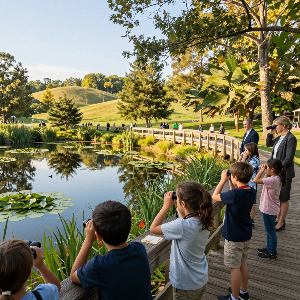 A serene scene depicting the Demarest Nature Center in Bergen County, NJ, showcasing its rich wildlife education features. In the foreground, a diverse group of children and adults engage in an educational activity, observing butterflies and birds through binoculars, wearing casual outdoor clothing. In the middle ground, a picturesque pond teems with lily pads and reflections of lush greenery, while a well-maintained boardwalk leads visitors through the natural habitat. The background features rolling hills dotted with native trees, under a clear blue sky with soft, diffused sunlight streaming through the branches, creating a warm and inviting atmosphere. Capture a sense of exploration and appreciation for nature, evoking a tranquil and inspiring mood. Use a slightly elevated angle to provide a comprehensive view of the center.