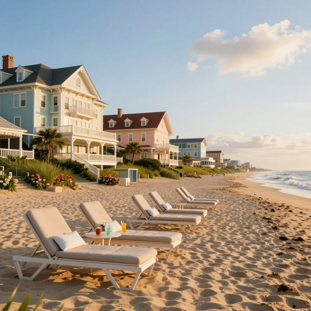 A serene scene of luxury beach hotels in Cape May, designed for couples seeking romantic getaways. In the foreground, elegantly arranged lounge chairs with plush cushions are positioned on soft, golden sand, complete with a small, round table holding refreshing drinks. The middle ground showcases beautifully designed hotels with classic Victorian architecture, their pastel-colored facades glowing under the warm sunlight. Lush green landscaping and blooming flower beds enhance the charm. In the background, gentle waves kiss the shore under a clear blue sky with soft, wispy clouds. The atmosphere is tranquil and inviting, with a soft, golden hour glow illuminating the scene, evoking a sense of romance and relaxation. Capture this idyllic snapshot with a focal length that enhances depth, emphasizing the inviting beach experience without any people present. A serene scene of luxury beach hotels in Cape May, designed for couples seeking romantic getaways. In the foreground, elegantly arranged lounge chairs with plush cushions are positioned on soft, golden sand, complete with a small, round table holding refreshing drinks. The middle ground showcases beautifully designed hotels with classic Victorian architecture, their pastel-colored facades glowing under the warm sunlight. Lush green landscaping and blooming flower beds enhance the charm. In the background, gentle waves kiss the shore under a clear blue sky with soft, wispy clouds. The atmosphere is tranquil and inviting, with a soft, golden hour glow illuminating the scene, evoking a sense of romance and relaxation. Capture this idyllic snapshot with a focal length that enhances depth, emphasizing the inviting beach experience without any people present.