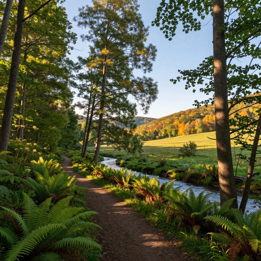 A serene view of Burlington County Nature Trails, showcasing a diverse woodland ecosystem. In the foreground, a winding dirt path leads through lush green ferns and wildflowers, inviting exploration. The middle ground features tall trees, their leaves gently swaying in a soft breeze, while dappled sunlight filters through the canopy, casting playful shadows. A small glimmering stream runs parallel to the trail, reflecting the clear blue sky. In the background, rolling hills covered with a mix of vibrant foliage create a picturesque vista. The atmosphere is tranquil and refreshing, conveying a sense of peace and connection with nature. Capture this scene at golden hour, using a wide-angle lens to enhance depth and detail. A serene view of Burlington County Nature Trails, showcasing a diverse woodland ecosystem. In the foreground, a winding dirt path leads through lush green ferns and wildflowers, inviting exploration. The middle ground features tall trees, their leaves gently swaying in a soft breeze, while dappled sunlight filters through the canopy, casting playful shadows. A small glimmering stream runs parallel to the trail, reflecting the clear blue sky. In the background, rolling hills covered with a mix of vibrant foliage create a picturesque vista. The atmosphere is tranquil and refreshing, conveying a sense of peace and connection with nature. Capture this scene at golden hour, using a wide-angle lens to enhance depth and detail.