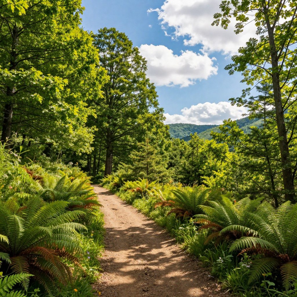 A serene view of the Ramapo Valley County Reservation hiking trails, showcasing a lush, green forest landscape. In the foreground, a smooth dirt trail winds through dense ferns and wildflowers, inviting hikers to explore. The middle ground features tall, majestic trees with sunlight filtering through the leaves, casting dappled shadows on the ground. In the background, faintly visible rolling hills create a sense of depth, under a bright blue sky scattered with fluffy white clouds. The atmosphere is peaceful and invigorating, perfect for outdoor activity. The image is taken from a low angle to emphasize the trail ahead, with warm, natural lighting enhancing the vibrant colors of nature. No people are present in this tranquil scene.