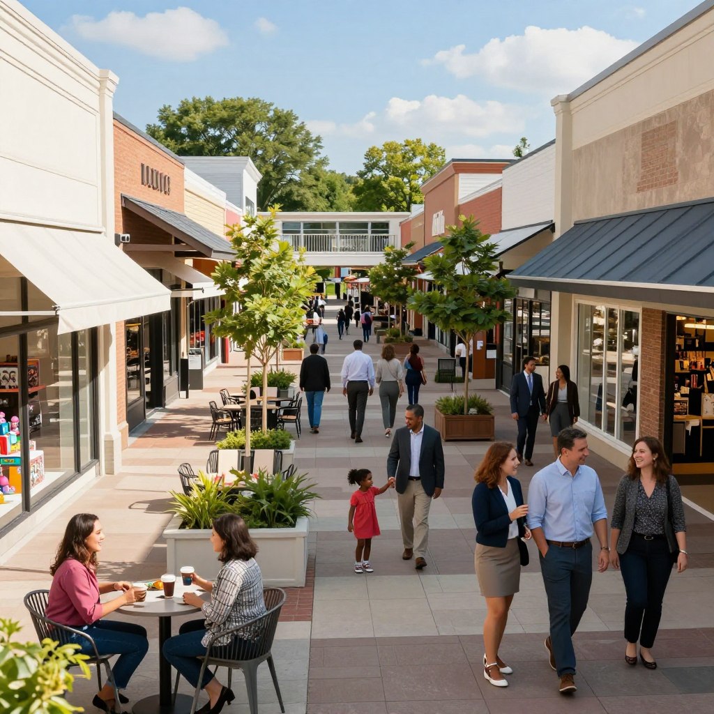 A vibrant and bustling Burlington County shopping center filled with shoppers of diverse backgrounds, all dressed in professional business attire and modest casual clothing. In the foreground, a variety of storefronts with colorful signage showcase popular retail brands. The center features open-air architecture with bright awnings and patio seating areas where patrons enjoy refreshments. In the middle ground, a family strolls together, children excitedly pointing at a toy store window, while friends chat and laugh near a trendy boutique. The background reveals lush greenery and trees lining the entrance, with a clear blue sky above and soft sunlight illuminating the scene. The image should capture the lively atmosphere of shopping happiness and friendly community vibes, invoking a sense of exploration and enjoyment. Use a wide-angle lens to convey the spaciousness of the shopping center. A vibrant and bustling Burlington County shopping center filled with shoppers of diverse backgrounds, all dressed in professional business attire and modest casual clothing. In the foreground, a variety of storefronts with colorful signage showcase popular retail brands. The center features open-air architecture with bright awnings and patio seating areas where patrons enjoy refreshments. In the middle ground, a family strolls together, children excitedly pointing at a toy store window, while friends chat and laugh near a trendy boutique. The background reveals lush greenery and trees lining the entrance, with a clear blue sky above and soft sunlight illuminating the scene. The image should capture the lively atmosphere of shopping happiness and friendly community vibes, invoking a sense of exploration and enjoyment. Use a wide-angle lens to convey the spaciousness of the shopping center.