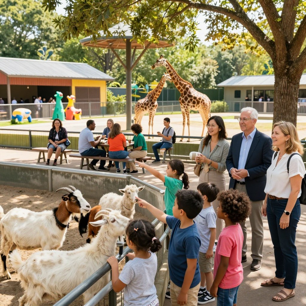 A vibrant family scene at Camden County Zoo, showcasing diverse families enjoying various activities. In the foreground, children of different ethnicities engage with friendly animal exhibits, such as a petting zoo with goats and sheep. The middle ground features families picnicking beneath shady trees, with a backdrop of colorful zoo buildings and playful animal statues. Bright, sunny weather bathes the scene in warm, inviting light, enhancing the joyful atmosphere. Parents, dressed in casual clothes, capture smiles on camera as kids point excitedly at a group of giraffes in the background. Use a wide-angle lens to capture the lively scene, with soft focus on the background, emphasizing the fun and excitement of a day at the zoo.