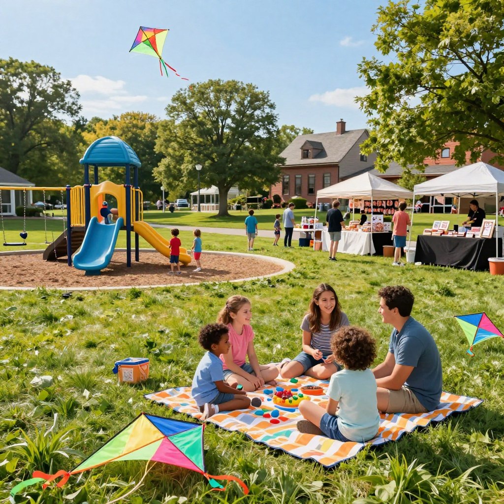 A vibrant family scene in Burlington County, NJ, showcasing popular attractions for families. In the foreground, a diverse family of four enjoys a picnic on a sunny day, seated on a bright picnic blanket surrounded by colorful kites. The middle ground features kids playing on a playground with swings and slides, while nearby, families wander between charming local vendor stalls filled with handmade crafts and food. In the background, lush green parks and historic buildings are visible under a clear blue sky, with soft, golden sunlight illuminating the scene. The atmosphere is joyful and lively, evoking a sense of togetherness and fun, captured with a wide-angle lens to include the expansive scene. A vibrant family scene in Burlington County, NJ, showcasing popular attractions for families. In the foreground, a diverse family of four enjoys a picnic on a sunny day, seated on a bright picnic blanket surrounded by colorful kites. The middle ground features kids playing on a playground with swings and slides, while nearby, families wander between charming local vendor stalls filled with handmade crafts and food. In the background, lush green parks and historic buildings are visible under a clear blue sky, with soft, golden sunlight illuminating the scene. The atmosphere is joyful and lively, evoking a sense of togetherness and fun, captured with a wide-angle lens to include the expansive scene.