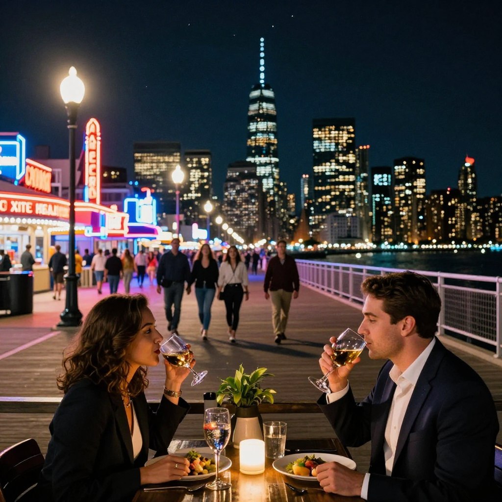 A vibrant, lively night scene capturing the nightlife of Atlantic City and Jersey City. In the foreground, a couple dressed in smart casual attire enjoys a romantic dinner at an outdoor café, twinkling lights reflecting in their glasses. In the middle ground, iconic neon signs illuminate the bustling boardwalk of Atlantic City, with people walking by, some holding hands. The background showcases the impressive skyline of Jersey City, with skyscrapers glowing against the night sky, dotted with stars. The atmosphere is energetic yet intimate, evoking a sense of romance and adventure. The image is bathed in the warm glow of street lamps and neon lights, emphasizing the exciting nightlife of both cities. Use a wide-angle lens to capture the scene, enhancing the feeling of depth and liveliness. A vibrant, lively night scene capturing the nightlife of Atlantic City and Jersey City. In the foreground, a couple dressed in smart casual attire enjoys a romantic dinner at an outdoor café, twinkling lights reflecting in their glasses. In the middle ground, iconic neon signs illuminate the bustling boardwalk of Atlantic City, with people walking by, some holding hands. The background showcases the impressive skyline of Jersey City, with skyscrapers glowing against the night sky, dotted with stars. The atmosphere is energetic yet intimate, evoking a sense of romance and adventure. The image is bathed in the warm glow of street lamps and neon lights, emphasizing the exciting nightlife of both cities. Use a wide-angle lens to capture the scene, enhancing the feeling of depth and liveliness.