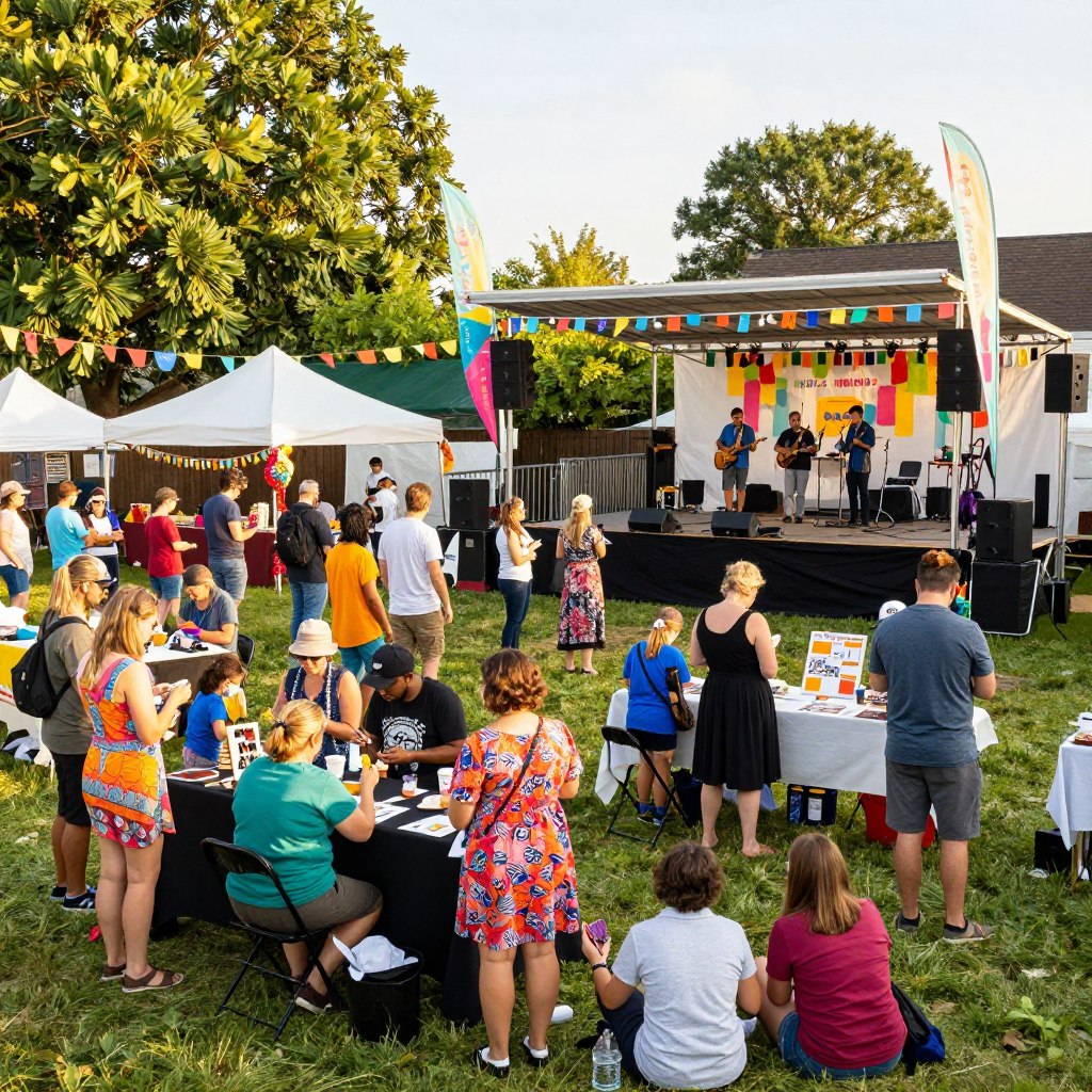 A vibrant outdoor festival scene in Camden County, showcasing various cultural events. In the foreground, a diverse crowd of families and friends enjoy food stalls and craft booths, dressed in colorful, modest casual clothing. In the middle ground, a stage features local musicians performing, with cheerful festival decorations adorning the area. Artists engage with visitors, painting and demonstrating their crafts. The background includes lush greenery and festival banners fluttering in the breeze under a bright, sunny sky. The lighting is warm and inviting, capturing the lively atmosphere of a community celebration. The camera angle is slightly elevated, offering a panoramic view that emphasizes the festive spirit of cultural diversity in Camden County.