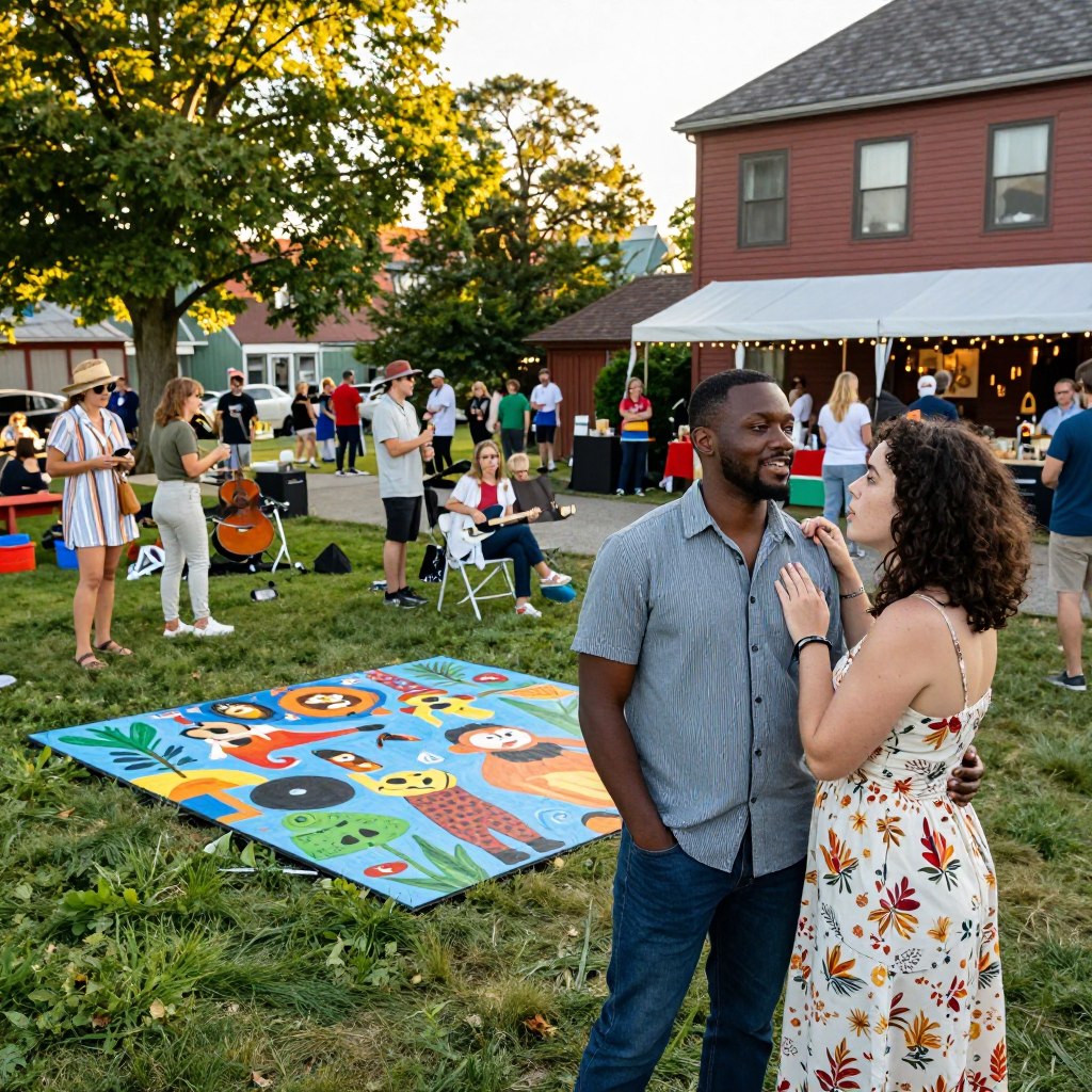A vibrant outdoor scene in Bergen County, New Jersey, showcasing a couple enjoying a unique date experience. In the foreground, a diverse couple views a captivating outdoor art installation, their expressions filled with wonder and delight, dressed in casual yet stylish clothing. In the middle ground, a lively community gathering with people engaged in various cultural activities such as painting, live music, and food stalls, reflecting the area’s rich artistic flair. The background features lush greenery and historic buildings, bathed in warm, late afternoon sunlight, creating an inviting atmosphere. Use a wide-angle lens to capture the dynamic scene with a slight tilt, enhancing the sense of movement and excitement. The overall mood should evoke joy and connection through arts and culture. A vibrant outdoor scene in Bergen County, New Jersey, showcasing a couple enjoying a unique date experience. In the foreground, a diverse couple views a captivating outdoor art installation, their expressions filled with wonder and delight, dressed in casual yet stylish clothing. In the middle ground, a lively community gathering with people engaged in various cultural activities such as painting, live music, and food stalls, reflecting the area’s rich artistic flair. The background features lush greenery and historic buildings, bathed in warm, late afternoon sunlight, creating an inviting atmosphere. Use a wide-angle lens to capture the dynamic scene with a slight tilt, enhancing the sense of movement and excitement. The overall mood should evoke joy and connection through arts and culture.