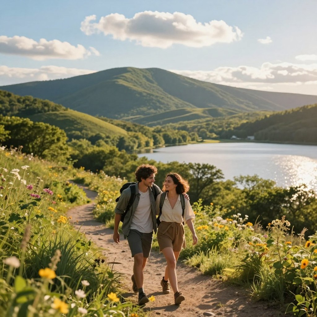 A vibrant outdoor scene showcasing an adventurous couple enjoying a day in Bergen County, New Jersey. In the foreground, a couple dressed in casual, comfortable clothing, smiles as they hike along a scenic trail, surrounded by lush greenery and wildflowers. The middle ground features gently rolling hills and a sparkling lake reflecting the blue sky, dotted with fluffy white clouds. In the background, the majestic New Jersey mountains rise, providing a breathtaking backdrop. The lighting is warm and natural, capturing the golden hour glow just before sunset, enhancing the inviting atmosphere. The mood is joyful and romantic, filled with excitement and a sense of exploration, perfect for adventurous dates. A vibrant outdoor scene showcasing an adventurous couple enjoying a day in Bergen County, New Jersey. In the foreground, a couple dressed in casual, comfortable clothing, smiles as they hike along a scenic trail, surrounded by lush greenery and wildflowers. The middle ground features gently rolling hills and a sparkling lake reflecting the blue sky, dotted with fluffy white clouds. In the background, the majestic New Jersey mountains rise, providing a breathtaking backdrop. The lighting is warm and natural, capturing the golden hour glow just before sunset, enhancing the inviting atmosphere. The mood is joyful and romantic, filled with excitement and a sense of exploration, perfect for adventurous dates.
