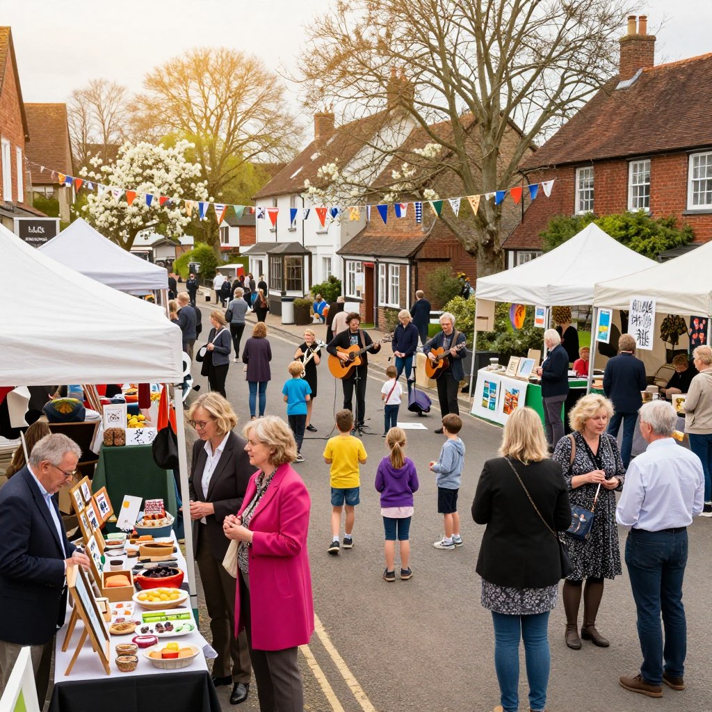 A vibrant scene capturing a Sussex County festival celebrating local culture, featuring families and friends engaging in various activities. In the foreground, a diverse group of people dressed in colorful, modest casual clothing enjoy local artisan booths, showcasing handmade crafts and delicious regional foods. In the middle, children play games while musicians perform live folk music, their instruments gleaming in the light. The background reveals a charming small-town street lined with blooming trees, festive banners, and tents displaying local art. Utilize warm, natural lighting to evoke a cheerful atmosphere, with a slight sunlight glow filtering through the trees. The angle should be slightly elevated, providing a wide view of the lively festival ambiance.