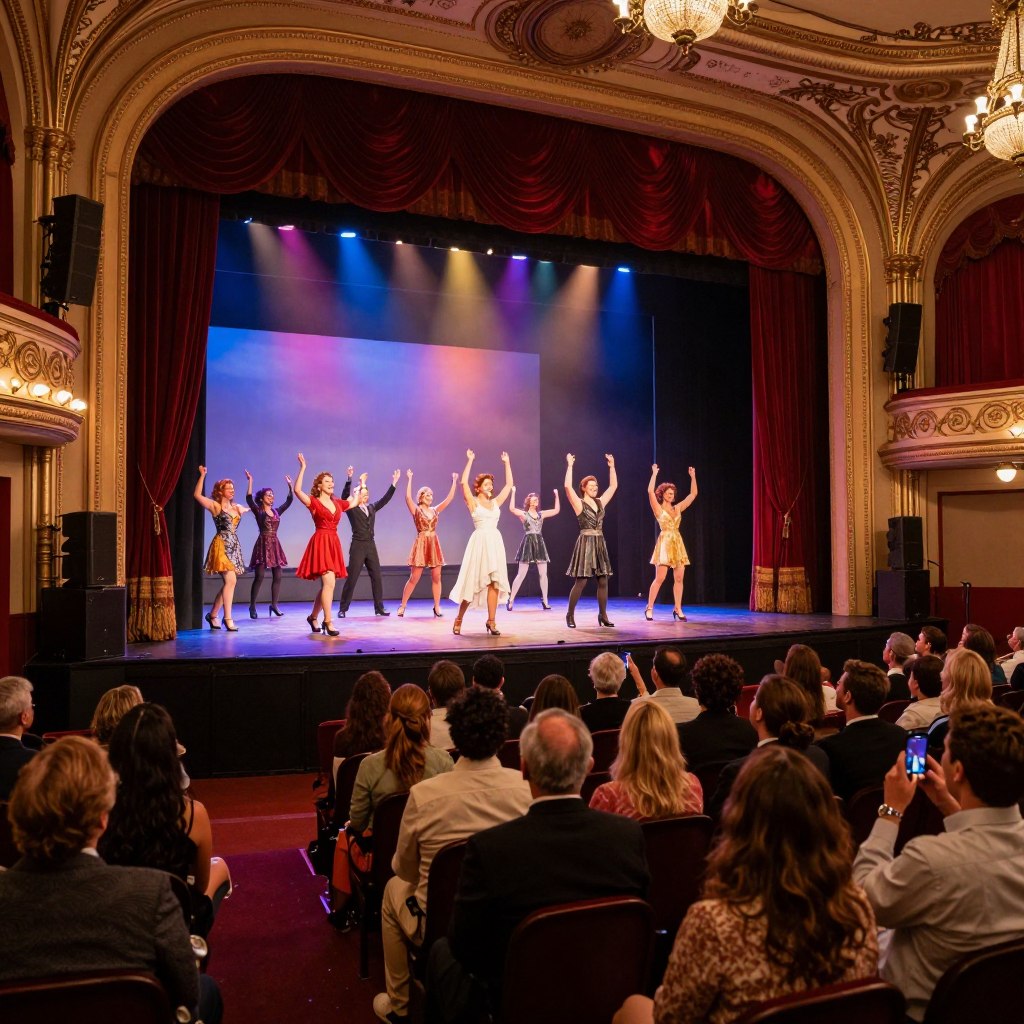 A vibrant scene capturing a lively theater show in New Jersey, showcasing a grand stage with rich red velvet curtains drawn back to reveal performers in elegant costumes. In the foreground, a diverse audience dressed in smart casual attire is engaged and smiling, some taking pictures with their phones. The middle ground highlights the performers under warm, dramatic stage lighting, with colorful spotlights illuminating their dynamic poses. The background features the beautifully designed theater architecture, with ornate details and decorative chandeliers adding to the cultural atmosphere. The mood is celebratory and sophisticated, evoking a romantic and artistic experience perfect for a date night setting. The image is framed to capture this magical moment in a cinematic angle, enhancing the allure of live theater. A vibrant scene capturing a lively theater show in New Jersey, showcasing a grand stage with rich red velvet curtains drawn back to reveal performers in elegant costumes. In the foreground, a diverse audience dressed in smart casual attire is engaged and smiling, some taking pictures with their phones. The middle ground highlights the performers under warm, dramatic stage lighting, with colorful spotlights illuminating their dynamic poses. The background features the beautifully designed theater architecture, with ornate details and decorative chandeliers adding to the cultural atmosphere. The mood is celebratory and sophisticated, evoking a romantic and artistic experience perfect for a date night setting. The image is framed to capture this magical moment in a cinematic angle, enhancing the allure of live theater.