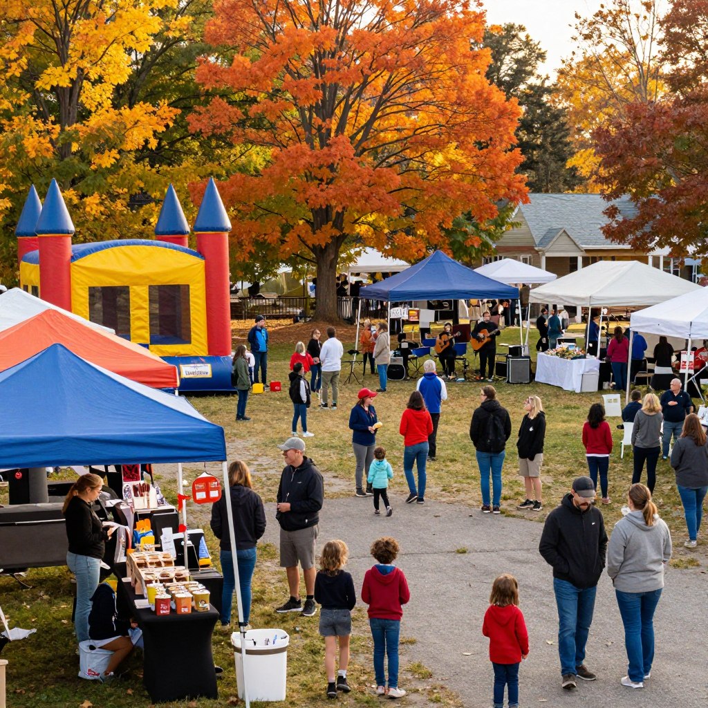 A vibrant scene depicting a community festival in Burlington County, NJ, showcasing diverse families enjoying various activities. In the foreground, vendors with colorful tents sell local crafts and delicacies, while children play near a bouncy castle. The middle ground features people engaged in lively conversations, participating in games, and enjoying live music, with musicians playing acoustic guitars. The background showcases autumn trees in shades of orange and yellow, creating a warm atmosphere. Soft, golden sunlight filters through the leaves, casting gentle shadows. Shot from a slightly elevated angle to capture the bustle of the event, emphasizing the sense of community and joy. The overall mood is festive and inviting, highlighting the essence of seasonal celebrations in Burlington County. A vibrant scene depicting a community festival in Burlington County, NJ, showcasing diverse families enjoying various activities. In the foreground, vendors with colorful tents sell local crafts and delicacies, while children play near a bouncy castle. The middle ground features people engaged in lively conversations, participating in games, and enjoying live music, with musicians playing acoustic guitars. The background showcases autumn trees in shades of orange and yellow, creating a warm atmosphere. Soft, golden sunlight filters through the leaves, casting gentle shadows. Shot from a slightly elevated angle to capture the bustle of the event, emphasizing the sense of community and joy. The overall mood is festive and inviting, highlighting the essence of seasonal celebrations in Burlington County.