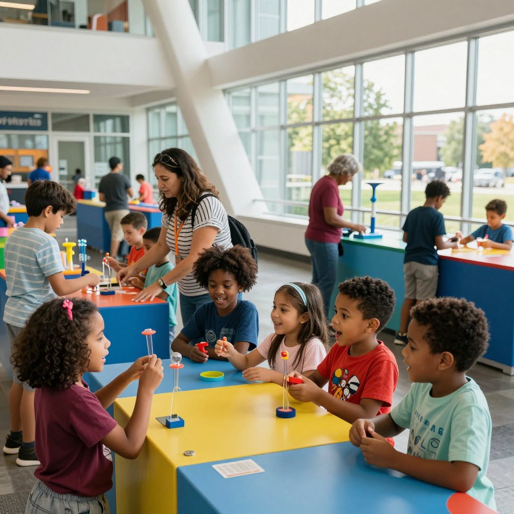 A vibrant scene depicting a lively day at the Liberty Science Center in Union County, NJ, filled with families engaging with interactive exhibits. In the foreground, a group of diverse children of various ethnic backgrounds eagerly explore a colorful science exhibit, their faces lit up with wonder and excitement. In the middle ground, parents in modest casual clothing assist their children and immerse themselves in educational activities. The background showcases a modern, architecturally striking structure of the Liberty Science Center, with large windows reflecting sunlight, creating a warm and inviting atmosphere. Soft, natural lighting enhances the cheerful mood of the environment, while playful activity and learning are evident throughout. Capture this engaging moment from a slightly elevated angle to emphasize the interaction and dynamic engagement at the center.