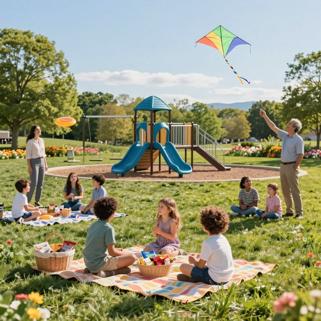 A vibrant scene depicting family-friendly activities in Sussex County, NJ, centered around a cheerful park on a sunny day. In the foreground, children of diverse backgrounds enjoy a picnic with colorful blankets and baskets full of snacks, while others play frisbee and fly kites. The middle ground features a small playground with swings and slides, surrounded by lush greenery and blooming flowers, where parents are watching with smiles. In the background, gentle hills and a clear blue sky create a serene atmosphere, with a hint of distant mountains for depth. Soft, warm lighting casts inviting shadows, enhancing the joyful and engaging mood of a perfect family day out.
