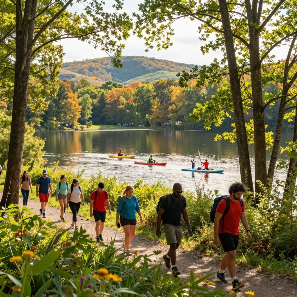 A vibrant scene depicting outdoor adventures in Sussex County, NJ. In the foreground, a diverse group of hikers in modest, colorful activewear, joyfully navigating a scenic wooded trail bordered by lush greenery and wildflowers. In the middle ground, a serene lake reflects the surrounding landscape, where families enjoy kayaking and paddleboarding, highlighted by soft sunlight glimmering on the water's surface. Tall trees form a natural canopy, filtering warm rays of light that create a cheerful, inviting atmosphere. In the background, rolling hills with patches of autumn foliage add depth to the scene. The overall mood is one of adventure and serenity, capturing the essence of outdoor exploration in Sussex County.