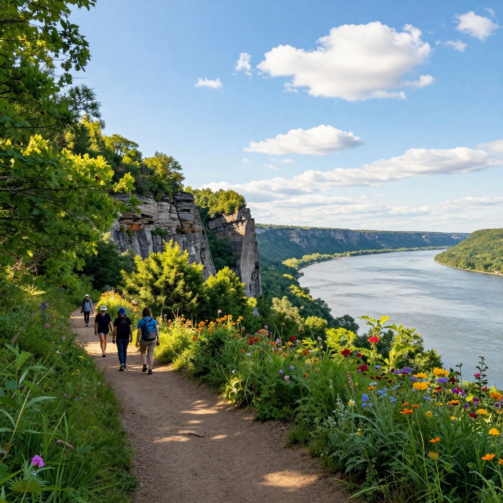 A vibrant scene depicting the Palisades Interstate Park hiking trails along the Hudson River. In the foreground, a winding dirt path surrounded by lush greenery and colorful wildflowers invites viewers to explore. A few hikers in casual attire, carrying backpacks, traverse the trail, embodying a spirit of adventure. In the middle ground, towering cliffs rise majestically, covered with dense foliage and highlighted by sunlight filtering through the leaves, creating a dappled effect on the ground. The background features a sweeping view of the Hudson River ribboning gracefully beneath a clear blue sky with fluffy white clouds, capturing the essence of nature’s tranquility. The atmosphere is serene, with gentle sunlight casting warm tones, evoking a sense of freedom and connection to nature. The scene is captured with a wide-angle lens, emphasizing the expansive landscape.