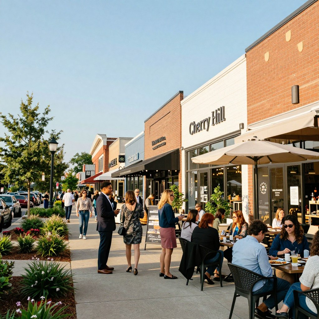 A vibrant scene of Cherry Hill's Entertainment and Shopping District during a sunny day. In the foreground, a lively sidewalk filled with diverse groups of people in professional business attire and casual clothing, engaging with shop displays and enjoying meals at outdoor cafes. The middle ground features a variety of modern storefronts with colorful signage and decorative elements, including popular retail brands and inviting eateries. In the background, a scenic view of well-maintained landscaping, trees, and clear blue skies, creating a welcoming atmosphere. Soft, natural lighting enhances the warmth of the day, with a slight depth of field effect focusing on the lively activities in the area. Aim for a cheerful and bustling yet relaxed mood that captures the essence of shopping and dining in Cherry Hill.