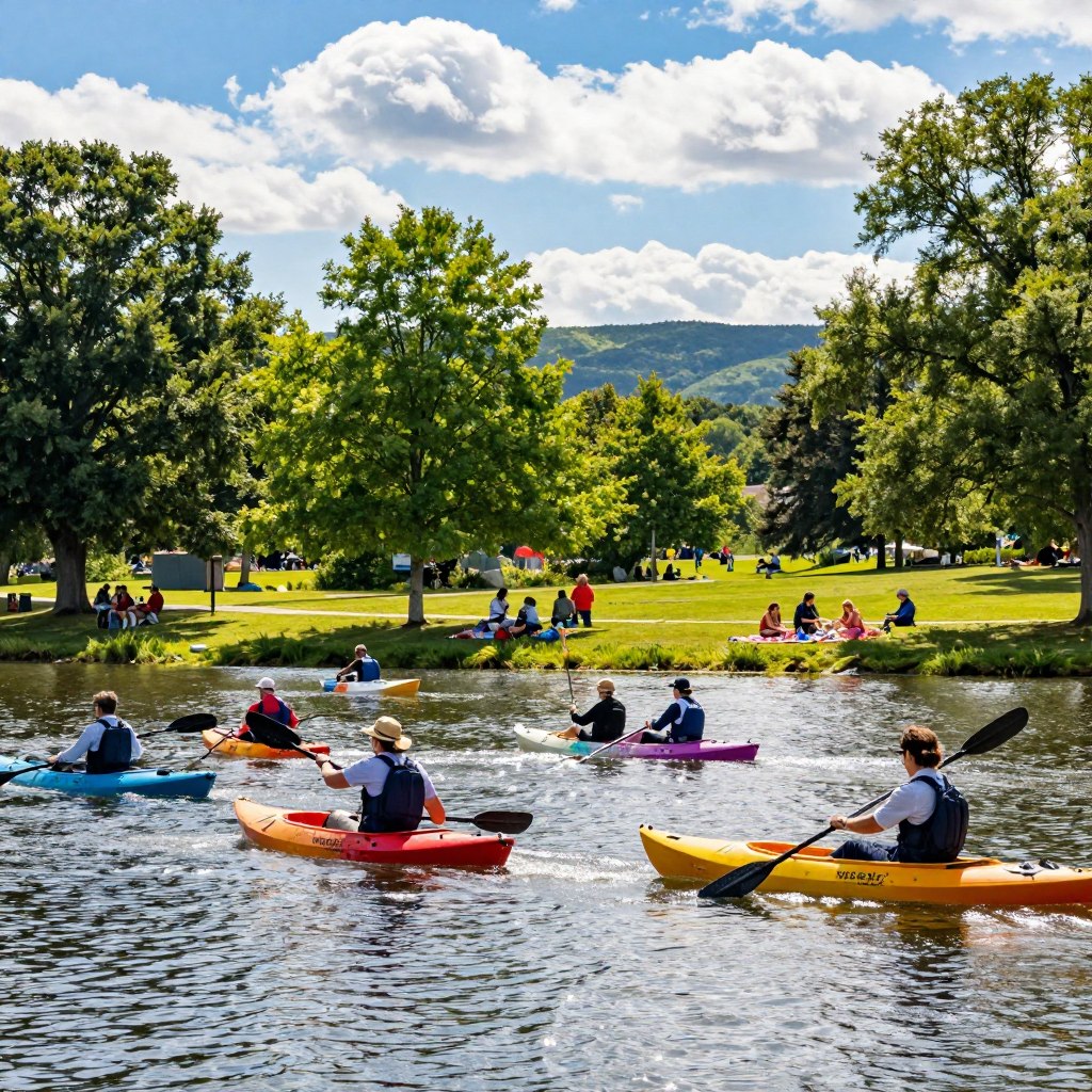 A vibrant scene of Overpeck County Park, focusing on water recreation activities. In the foreground, a diverse group of adults and children, dressed in modest casual clothing, are engaged in paddleboarding and kayaking on a serene lake. Sunlight sparkles on the water, creating a lively atmosphere. In the middle ground, lush green trees frame the recreational area, while families enjoy picnics on colorful blankets. The background features rolling hills under a bright blue sky with fluffy white clouds, enhancing the relaxed outdoor vibe. The scene captures the joy of summer, with warm sunlight casting soft shadows, creating an inviting and cheerful mood. The composition is shot from a slightly elevated angle, providing a comprehensive view of the park’s water activities.