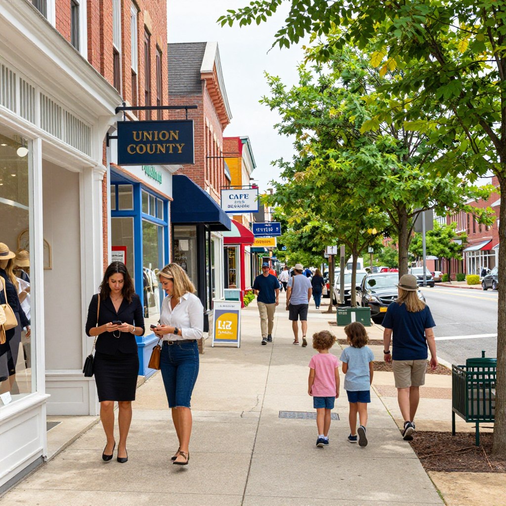 A vibrant shopping district in Union County, NJ, bustling with activity. In the foreground, showcase a diverse group of shoppers—two women in professional business attire exploring a trendy boutique, and a family of four, casually dressed, examining storefronts. In the middle ground, display an array of colorful shop signs, featuring charming local boutiques, cafes, and well-known retail brands. The background should include a picturesque streetscape with newly paved sidewalks, mature trees lining the street, and people enjoying the day. Illustrate a bright, sunny atmosphere with soft lighting to convey a welcoming vibe, using a wide-angle lens to capture the lively scene in detail.