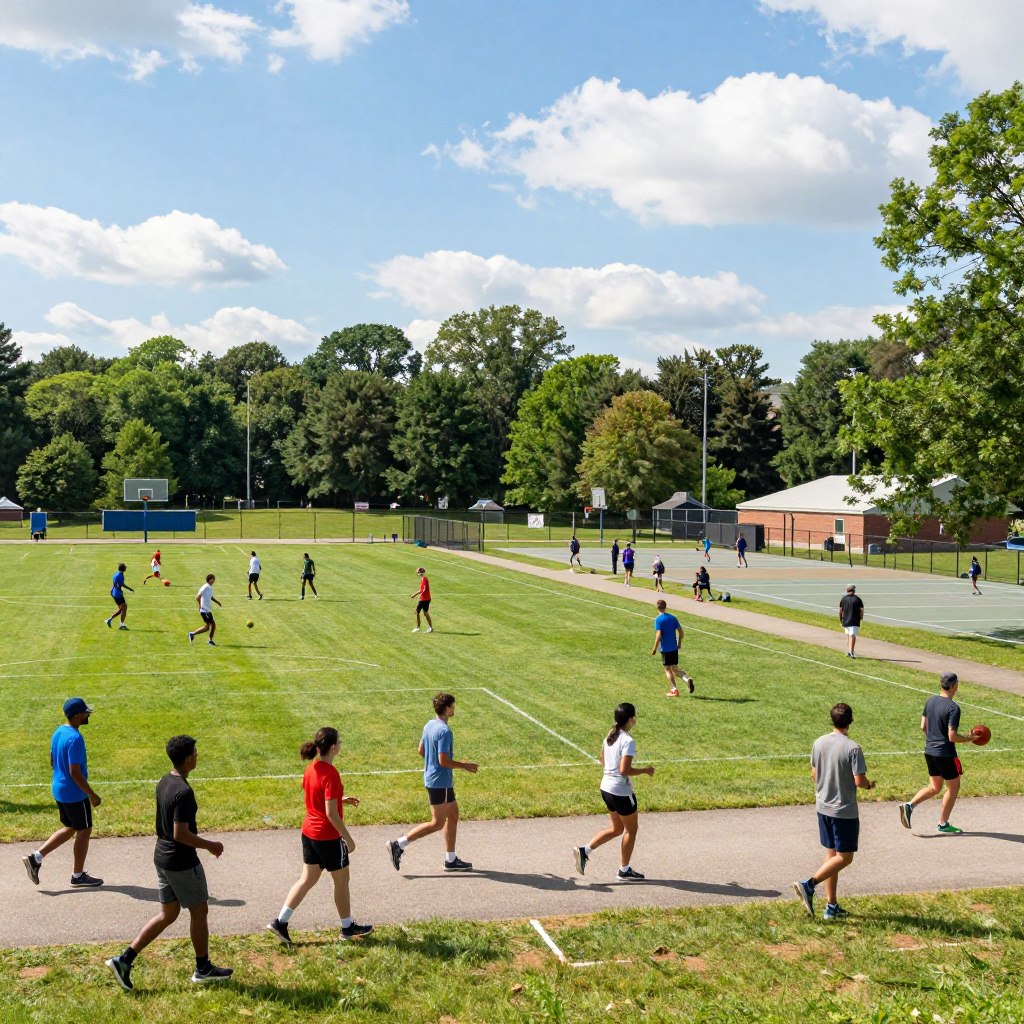 A vibrant view of Union County’s sports and recreation facilities, showcasing an outdoor sports complex. In the foreground, a group of diverse individuals engaged in various activities like soccer, basketball, and jogging, all dressed in modest athletic clothing. In the middle ground, a well-maintained soccer field with players in action, courts with basketball enthusiasts, and pathways for runners, surrounded by lush green trees. The background features a clear blue sky with soft, fluffy clouds, emphasizing a sunny afternoon atmosphere. The scene conveys a sense of community and active lifestyle, capturing the essence of recreation in Union County NJ. Lighting should be bright and natural, highlighting the energetic mood. Use a wide-angle lens to capture the expanse of the facilities, inviting viewers into this lively environment.
