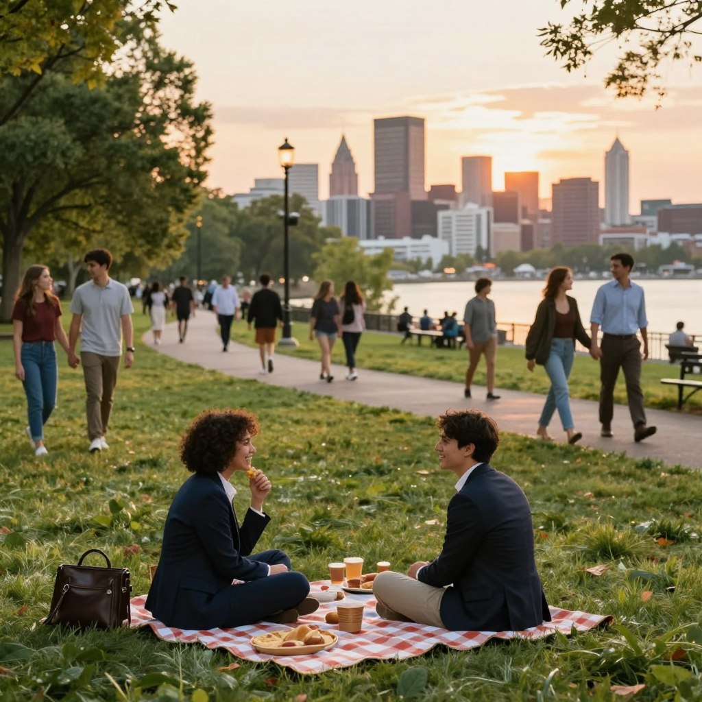 An inviting scene depicting a variety of affordable date ideas in Bergen County, NJ, showcasing a vibrant park setting in the foreground with a couple enjoying a picnic on a checkered blanket, surrounded by playful squirrels and blossoming flowers. In the middle ground, a picturesque walking path lined with trees and couples strolling, some holding hands and others engaging in friendly conversation. The background features a beautiful view of the New Jersey skyline under a warm, golden sunset, creating a romantic atmosphere. Soft, natural lighting illuminates the scene, highlighting the joy and connection between the couples. Capture this image using a wide-angle lens for a dynamic perspective, evoking a sense of tranquility and pleasure in communal outdoor spaces. An inviting scene depicting a variety of affordable date ideas in Bergen County, NJ, showcasing a vibrant park setting in the foreground with a couple enjoying a picnic on a checkered blanket, surrounded by playful squirrels and blossoming flowers. In the middle ground, a picturesque walking path lined with trees and couples strolling, some holding hands and others engaging in friendly conversation. The background features a beautiful view of the New Jersey skyline under a warm, golden sunset, creating a romantic atmosphere. Soft, natural lighting illuminates the scene, highlighting the joy and connection between the couples. Capture this image using a wide-angle lens for a dynamic perspective, evoking a sense of tranquility and pleasure in communal outdoor spaces.