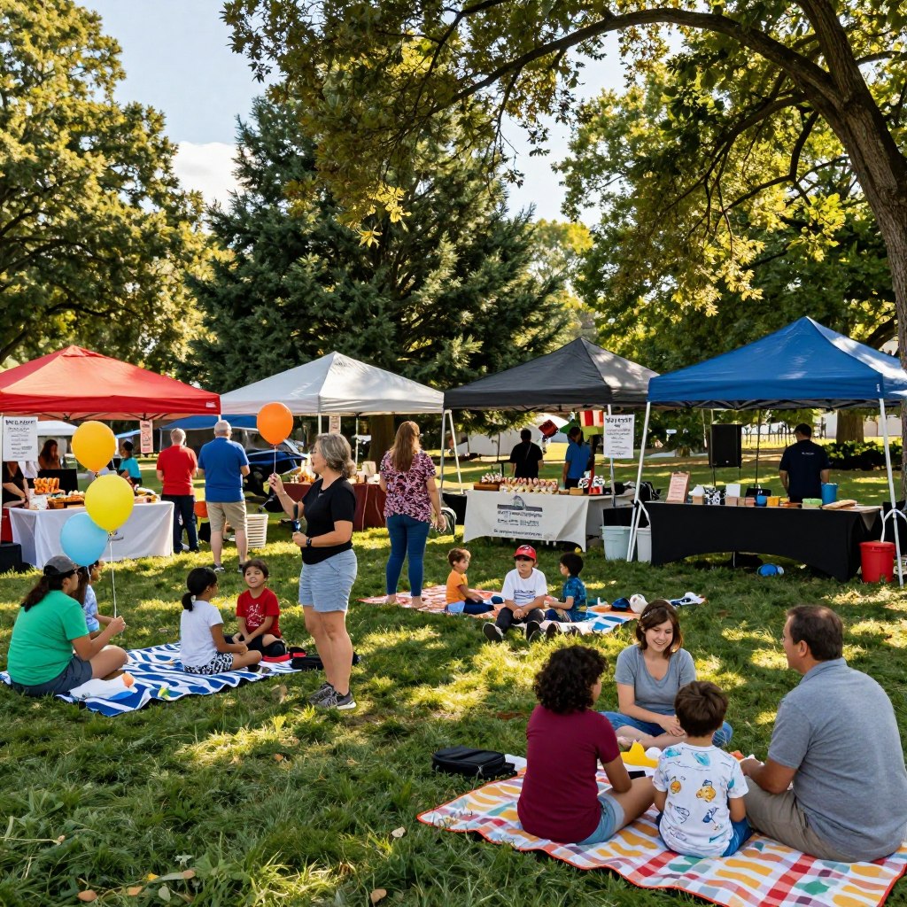 An outdoor gathering in Union County, NJ, showcasing a vibrant seasonal event. In the foreground, a diverse group of people in casual but modest clothing are engaged in various activities: children playing with balloons, adults chatting, and families enjoying picnic blankets. The middle ground features colorful tents with local crafts, food stalls offering seasonal delicacies, and a small stage for live entertainment. In the background, lush green trees and a clear blue sky enhance the festive atmosphere. Soft, warm sunlight filters through the branches, casting gentle shadows. The scene captures a joyful and lively mood, filled with laughter and community spirit, embodying the excitement of outdoor gatherings.