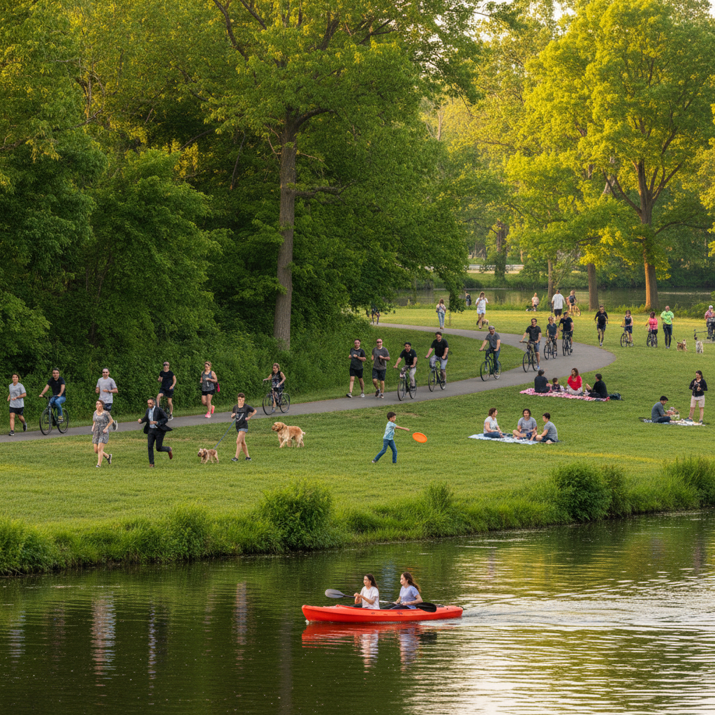 Cooper River Park in Camden County, NJ, bustling with outdoor enthusiasts enjoying recreational activities. In the foreground, a diverse group of people in casual attire jog, walk dogs, and ride bikes along scenic trails lined with lush greenery. The middle ground features families picnicking on vibrant grass, children playing frisbee, and a couple kayaking on the tranquil river. The background showcases towering trees and a serene view of the river reflecting soft sunlight. Golden hour lighting bathes the scene in warm hues, creating a welcoming, vibrant atmosphere. The angle captures both the park's liveliness and its natural beauty, emphasizing the appeal of outdoor activities in this picturesque location.