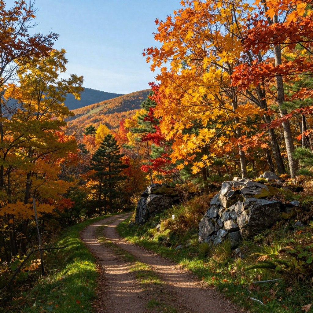 Lush green hiking trails winding through the Ramapo Valley County Reservation, surrounded by vibrant autumn foliage. In the foreground, a well-trodden dirt path leading deeper into the forest, inviting adventurers to explore. The middle ground features towering trees, their leaves a mix of brilliant oranges, yellows, and reds, while small rocky outcrops add texture to the landscape. In the background, gentle undulating hills stretch into the distance under a clear blue sky. Soft, warm sunlight filters through the leaves, creating dappled patterns on the ground, conveying a serene and peaceful atmosphere. The scene captures the essence of a perfect hiking day, with no people present, allowing viewers to imagine their own adventure in this idyllic setting.