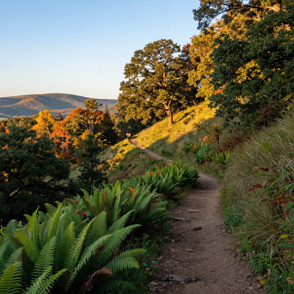 A beautiful hiking trail in Warren County, New Jersey, showcasing elevation gain through lush green forest. In the foreground, a winding dirt path leads through tall fern and wildflower patches, inviting hikers. The middle ground features a series of ascending hills, dotted with mature oak trees and vibrant autumn foliage, highlighting the trail's elevation. In the background, a panoramic view of distant rolling hills under a clear blue sky creates a sense of adventure. The soft golden light of a late afternoon sun casts gentle shadows, enhancing the textures of the trail and foliage. The mood is serene and inviting, perfect for outdoor enthusiasts and nature lovers.
