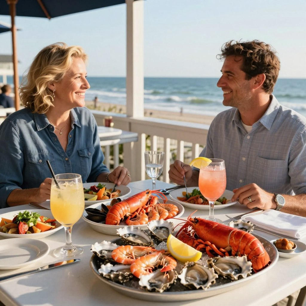 A beautifully arranged table for two at an outdoor seaside seafood restaurant in Cape May County, NJ, showcasing a vibrant spread of fresh seafood dishes, including a platter of shrimp, lobster, and oysters, garnished with lemon and herbs. In the foreground, colorful cocktails in elegant glasses sit beside the seafood. The middle ground features diners enjoying their meals, dressed in smart casual attire, with smiles of delight reflecting in the warm afternoon sunlight. The background shows a charming coastal view with gentle waves and a clear blue sky. Use soft, natural lighting to enhance the fresh, appetizing look of the food, with a slight depth of field to bring focus to the dining experience. The atmosphere is inviting and relaxing, embodying a perfect day by the sea.