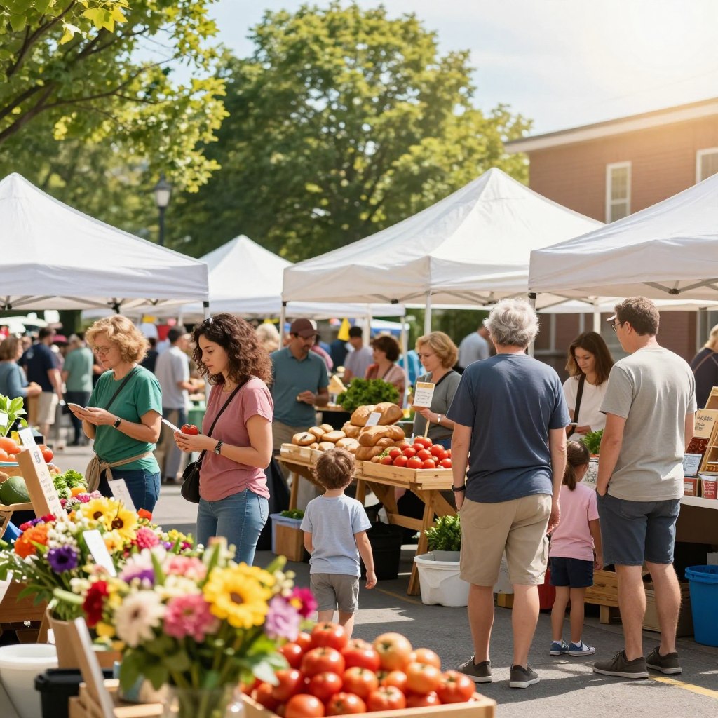 A bustling South Jersey farmers market on a sunny day, filled with vibrant stands displaying fresh produce, colorful flowers, and artisan goods. In the foreground, a diverse group of people in modest casual clothing are interacting and browsing, with a focus on families and friends enjoying the experience. The middle ground features wooden stalls brimming with ripe tomatoes, homemade breads, and local crafts, while the background reveals lush green trees and a clear blue sky. Soft, warm sunlight filters through, creating a welcoming and lively atmosphere, with a slight lens flare effect for added warmth. The image captures the essence of community and unique shopping experiences, highlighting local vendors and the joy of farm-fresh products.