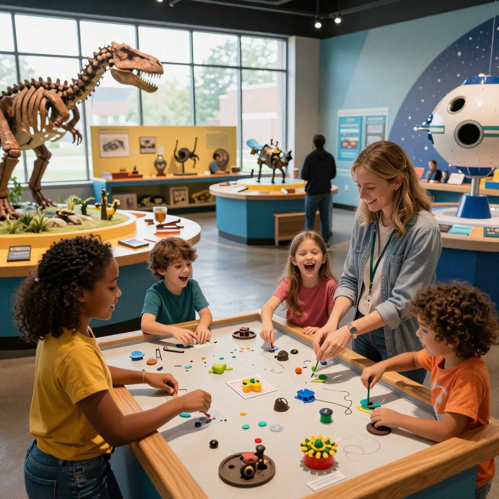 A lively family scene at an interactive museum in Warren County, NJ. In the foreground, a diverse group of four family members—parents and two children—are engaged in a hands-on science exhibit, with the children eagerly experimenting and laughing. The middle ground showcases colorful displays of historical artifacts and engaging educational installations, inviting exploration. The background reveals large windows allowing soft, natural light to flood the space, enhancing the warm and welcoming atmosphere. The environment is vibrant and engaging, filled with interactive elements like a giant dinosaur skeleton and a space exploration station. The overall mood is joyful and enthusiastic, capturing the essence of family-friendly attractions designed to spark curiosity and learning. Optimally shot from a slightly elevated angle to encompass the dynamic interaction and engaging surroundings.