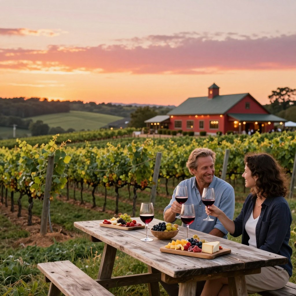 A picturesque South Jersey vineyard during a golden sunset, with rows of lush grapevines stretching across gently rolling hills in the foreground. In the middle ground, a rustic wooden wine tasting table adorned with wine glasses filled with rich red and white wines, surrounded by tasteful charcuterie boards featuring cheeses and fruits. A couple dressed in casual yet polished attire, enjoying the wine tasting experience, smiling as they clink their glasses together. In the background, charming winery buildings, their vibrant hues illuminated by the warm light of the setting sun, with a clear sky that fades to deep orange and pink. The scene conveys a relaxed and inviting atmosphere, perfect for an afternoon of wine and dining. The image captures the beauty and enjoyment of South Jersey's vineyards.