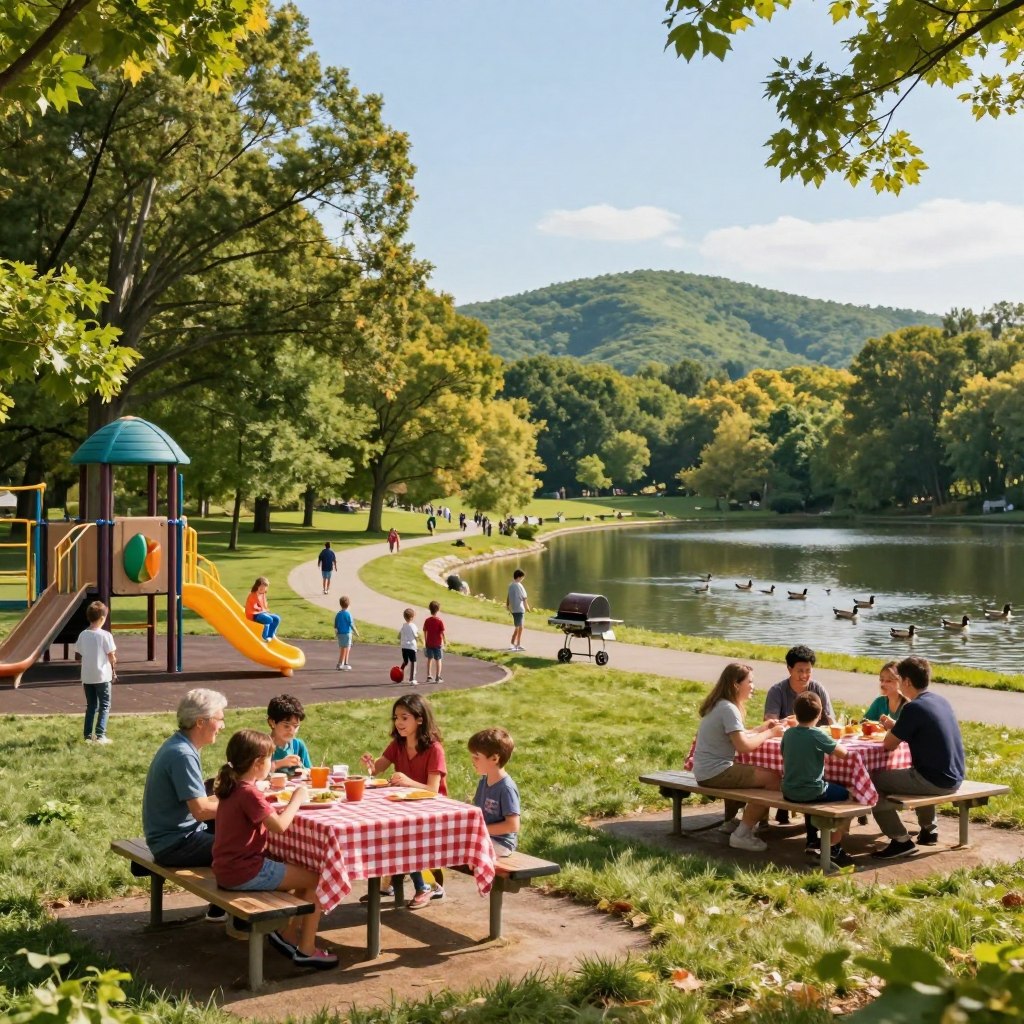 A picturesque family recreation area in a lush Warren County, NJ park, featuring a vibrant playground filled with children playing and families enjoying quality time together. In the foreground, a well-maintained picnic area with checkered tablecloths, a barbeque grill, and a diverse group of people laughing and sharing a meal. In the middle, a scenic walking path lined with mature trees, leading to a serene lake where ducks swim peacefully. The background showcases rolling green hills under a clear blue sky, with soft, golden sunlight filtering through the foliage, creating a warm and inviting atmosphere. The scene should be captured from a slightly elevated angle to include all elements, highlighting the joy of outdoor family activities and the beauty of nature.