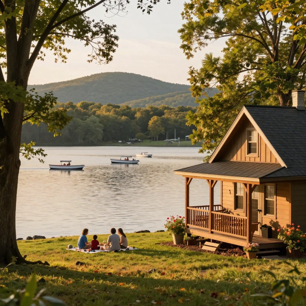A picturesque scene capturing the charm of weekend getaways in Warren County, NJ. In the foreground, a cozy cabin with wooden details and a charming porch is nestled among lush trees, adorned with colorful flower beds. In the middle ground, a serene lake reflects the sky, with small boats gently bobbing on the water. A family dressed in modest casual clothing enjoys a picnic by the shore, showcasing a sense of relaxation and togetherness. The background features rolling hills bathed in warm, golden sunlight, creating an idyllic atmosphere. The image is captured from a slightly elevated angle, using a soft focus to emphasize the tranquility of the getaway. The overall mood is warm, inviting, and perfect for showcasing a peaceful escape into nature.