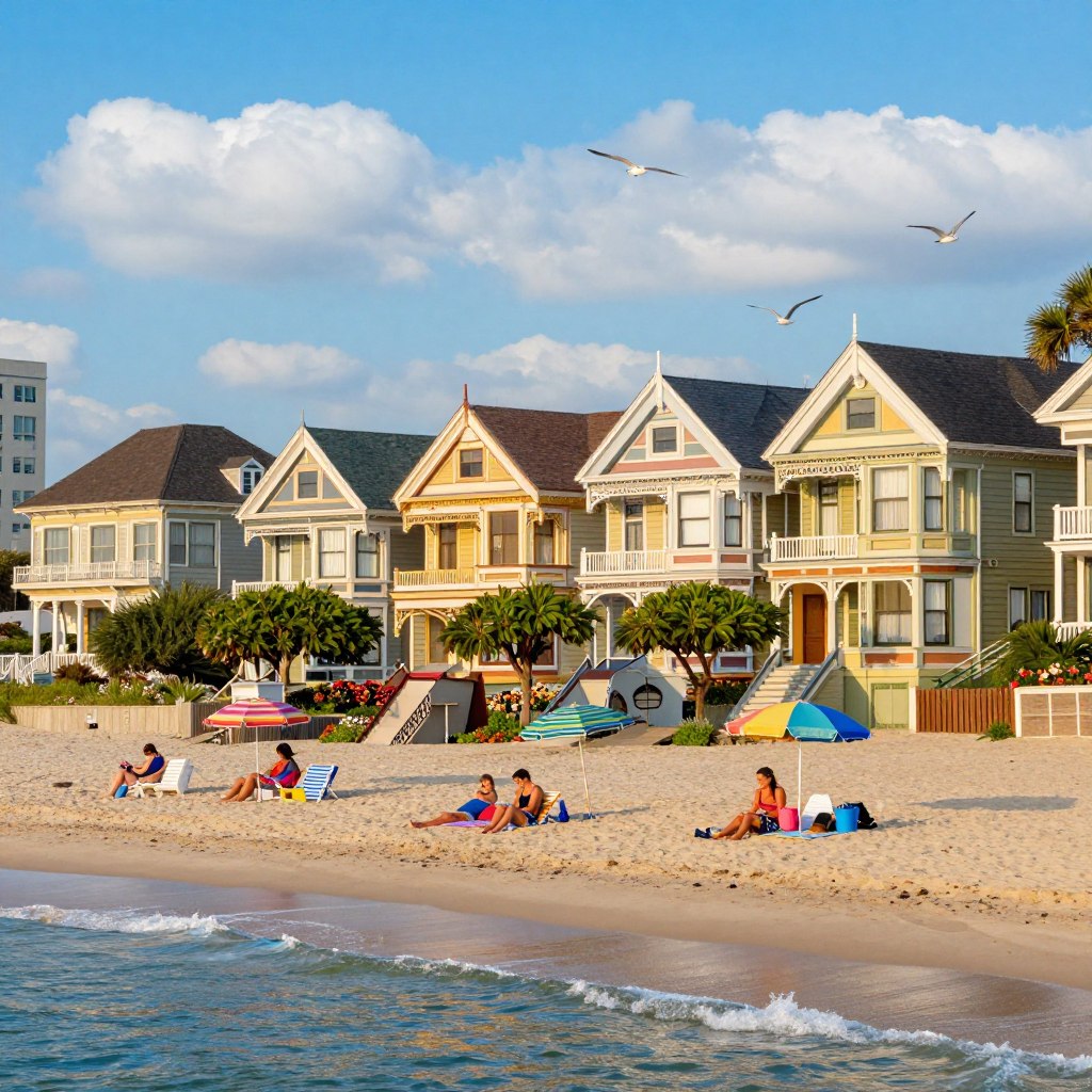 A picturesque scene of Cape May Beach in South Jersey, showcasing vibrant Victorian architecture along the coastline. In the foreground, gentle waves lap at the sandy shore, with colorful beach umbrellas and families enjoying the sun, dressed in modest summer attire. The middle ground features charming Victorian houses painted in pastel colors, with intricate wooden details and wraparound porches, framed by lush green gardens and blooming flowers. In the background, a clear blue sky with soft, fluffy clouds creates a serene atmosphere, while seagulls soar above. The lighting captures the warm glow of a late afternoon sun, emphasizing the cheerful vacation vibe, shot with a wide-angle lens to encompass the beach and architecture in one captivating frame.