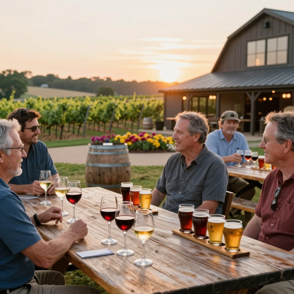 A picturesque scene of Warren County wineries and breweries offering a tasting experience. In the foreground, a rustic wooden table is adorned with an array of wine glasses filled with deep red and white wines, alongside craft beer flights served in artisanal glasses. Adult patrons, dressed in modest casual clothing, engage in cheerful conversation, showcasing a lively, friendly atmosphere. In the middle ground, lush vineyard rows stretch towards the horizon, interspersed with small brewing barrels and vibrant flower beds. The background features a rustic winery building with large windows, displaying a warm sunset glow casting golden light over the scene. A soft focus, shot from a low angle to emphasize the vibrant colors and inviting setting, captures the essence of relaxation and enjoyment in an idyllic rural landscape.