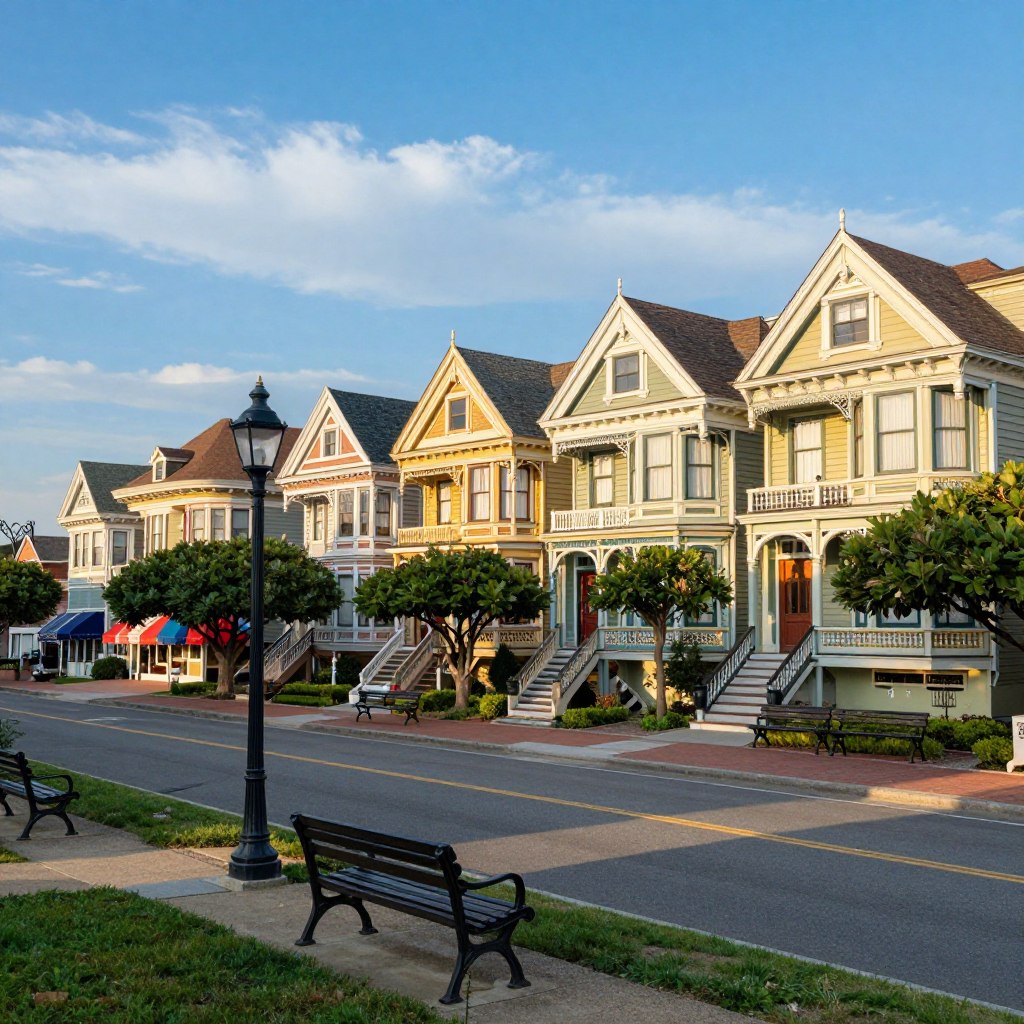 A picturesque view of Cape May's Historic District, showcasing beautifully preserved Victorian-style houses with intricate architectural details in shades of pastel. In the foreground, a tree-lined street features charming lampposts and classic benches, inviting leisurely strolls. The middle ground captures quaint local shops with colorful awnings and historic landmarks like the Emlen Physick Estate, surrounded by manicured gardens. In the background, a bright blue sky complements the scene, with soft clouds casting gentle shadows. The golden sunlight enhances the warm, welcoming atmosphere, creating a sense of nostalgia and tranquility. Use a wide-angle lens to capture the depth of the street, highlighting the inviting charm of this coastal town. The overall mood is serene, encouraging exploration and appreciation of history.