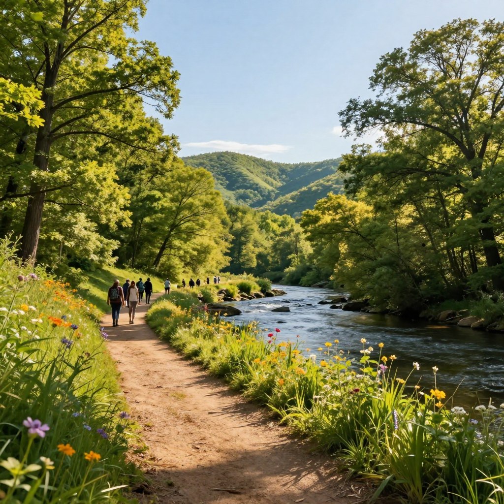 A picturesque view of Stephens State Park in Warren County, showcasing scenic hiking trails winding through lush greenery. In the foreground, a well-trodden dirt path meanders beside a gently flowing river, bordered by vibrant wildflowers and tall grasses. The middle ground features a group of hikers casually dressed in appropriate outdoor clothing, enjoying the natural beauty, while towering trees provide dappled sunlight. In the background, rolling hills rise against a clear blue sky, casting soft shadows over the landscape. The atmosphere is tranquil and inviting, capturing the essence of a peaceful day in nature. Sunlight filters through the trees, creating a warm, golden hue that enhances the serene environment. Shot from a low angle to emphasize the height of the trees and the beauty of the river.