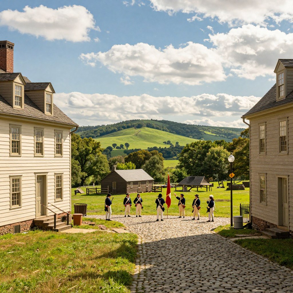 A picturesque view of notable Revolutionary War sites in Central Jersey, featuring an inviting colonial-era town square in the foreground, with elegant 18th-century buildings and cobblestone paths. In the middle, include a well-maintained historic battlefield with reenactors in period-appropriate clothing engaging in a reenactment, showcasing musket drills or a flag ceremony. The background captures rolling green hills under a bright blue sky dotted with fluffy white clouds. Soft, warm sunlight bathes the scene, enhancing the authenticity of the atmosphere. Use a wide-angle lens to create depth and ensure the focus is on the interaction between history and nature. The overall mood evokes a sense of nostalgia and reverence for the past, making it an inviting snapshot of Central Jersey's historical significance.