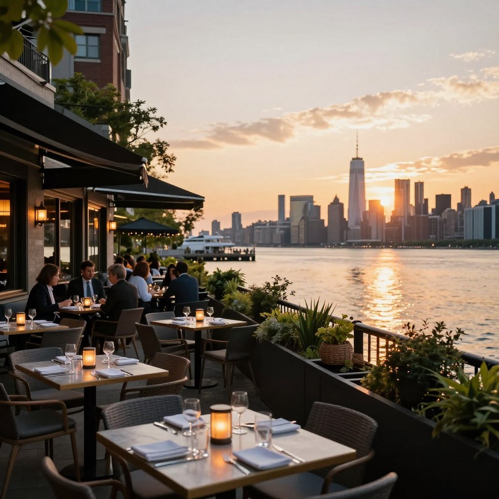 A picturesque view of the Edgewater waterfront dining scene at sunset, showcasing a vibrant array of restaurants along the river’s edge. In the foreground, elegant outdoor dining tables with stylish settings and soft glowing lanterns, inviting diners to enjoy the relaxed atmosphere. The middle ground features modern restaurant facades with large windows, offering glimpses of patrons in professional business attire enjoying their meals, while lush greenery and decorative planters add charm. In the background, the shimmering waters of the Hudson reflect the warm, golden hues of the setting sun, with the iconic Manhattan skyline silhouetted in the distance. The overall mood is serene and inviting, evoking a sense of leisurely dining by the water, captured with a warm, golden-hour lighting effect and a slight tilt-shift lens perspective to emphasize intimacy.