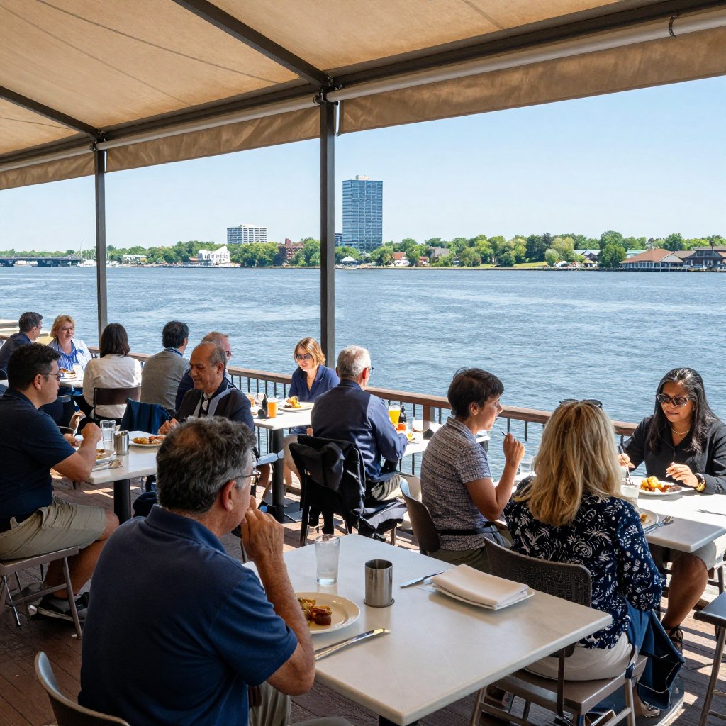 A picturesque view of waterfront dining in Edgewater, NJ, showcasing a vibrant restaurant scene along the Hudson River. In the foreground, elegantly set tables with white tablecloths, soft glowing candlelight, and tasteful floral arrangements are inviting diners. In the middle ground, a diverse group of people in professional attire and smart casual clothing enjoy their meals, laughing and chatting. The background reveals the sparkling waters of the river with the New York City skyline shimmering in the distance, under a soft golden sunset, casting warm tones across the scene. The atmosphere is lively yet relaxed, encapsulating the charm of waterfront dining, with gentle waves lapping at the shore and a light breeze rustling nearby trees. The image is captured from a slightly elevated angle to highlight both the dining experience and the stunning view.