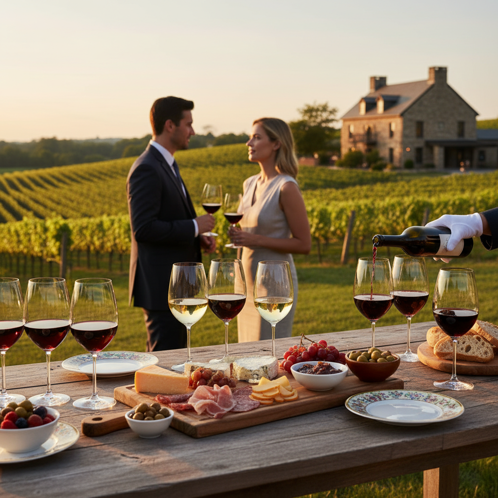 A picturesque wine tasting scene set in Somerset County, NJ, showcasing a rustic vineyard under a soft golden sunset. In the foreground, a beautifully arranged wooden table features various wine glasses, each filled with rich red and white wines, alongside gourmet cheese and charcuterie. Elegant plates display fresh, local produce. In the middle ground, a couple, dressed in smart casual attire, are engaged in conversation, with the woman gently swirling a glass of wine, while a waiter attentively serves more selections. The backdrop features rolling hills covered in grapevines and a charming winery building bathed in warm light. The atmosphere is inviting and serene, evoking a sense of cozy indulgence and connection to the local landscape.