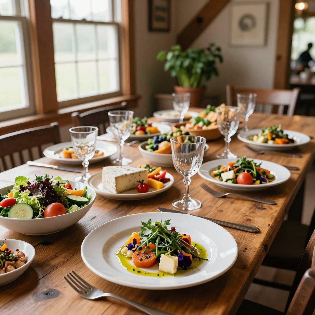 A rustic farmhouse table set for a cozy dining experience, featuring an array of colorful, farm-fresh dishes such as vibrant salads, artisanal cheeses, and seasonal vegetables. In the foreground, a beautifully plated dish garnished with herbs and edible flowers, glistening with a drizzle of olive oil. The middle ground showcases dishes filled with locally sourced ingredients, surrounded by elegant glassware and simple yet charming table decor. Soft, warm, natural lighting filters in from a nearby window, casting gentle shadows. In the background, a glimpse of a rustic restaurant interior with wooden beams and potted herbs, exuding a welcoming atmosphere. The scene embodies the spirit of farm-to-table dining in Warren County, evoking warmth and a connection to local culinary traditions.