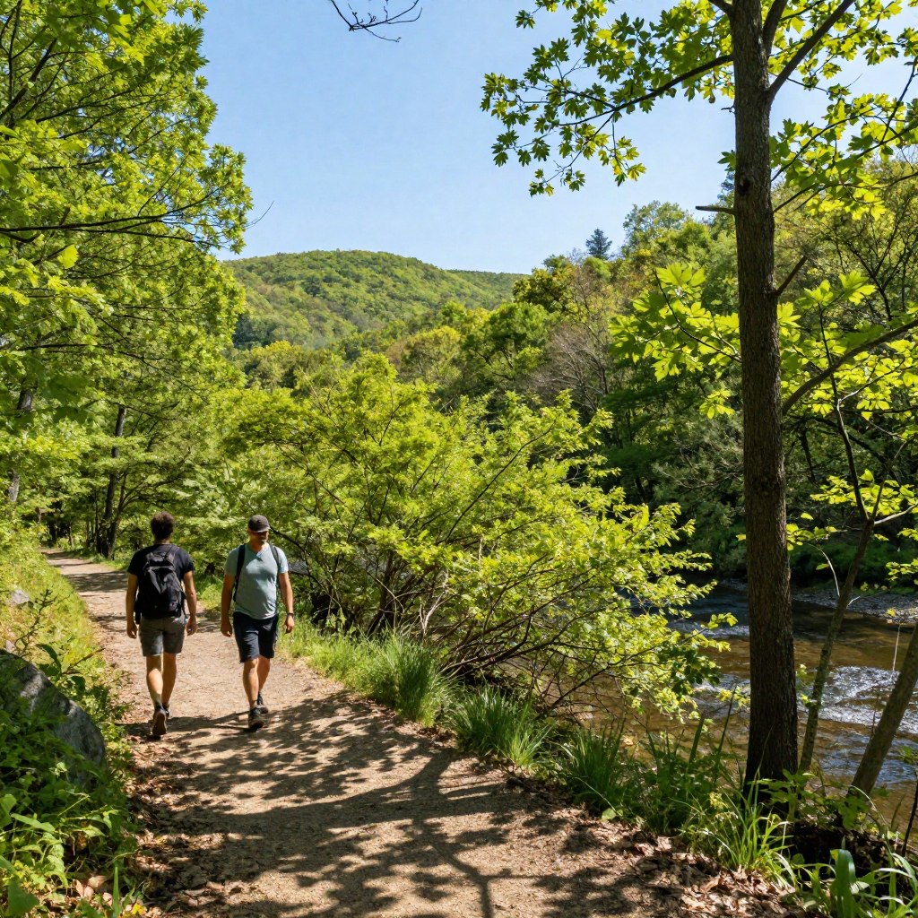 A scenic view of Wharton State Forest in South Jersey during a sunny afternoon. In the foreground, depict a pair of hikers on a well-marked trail, dressed in modest outdoor attire, actively engaging with nature. In the middle, showcase vibrant green trees and thick underbrush, with a glimpse of a tranquil stream running alongside the path. In the background, illustrate the rolling hills of the forest under a clear blue sky, with soft sunlight filtering through the leaves, casting dappled shadows on the ground. Capture a lively yet peaceful atmosphere, emphasizing exploration and adventure. Use a wide-angle lens to convey depth, ensuring bright, natural lighting enhances the colors and details of the landscape.