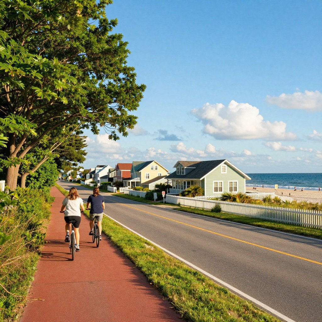 A scenic view of the iconic Jersey Shore coastal routes, capturing a winding road lined with tall, lush green trees. In the foreground, include a vibrant, well-maintained bike path with cyclists in modest casual clothing enjoying the ride. The middle ground features charming, colorful beach houses with white picket fences, while the background showcases a sparkling blue ocean under a clear, sunny sky with a few fluffy clouds. The sunlight casts warm, golden tones across the scene, enhancing the inviting summer atmosphere. Shot from a low angle to emphasize the perspective of the coastal road, highlighting its curves and the beauty of the surroundings. This idyllic landscape evokes a sense of adventure and relaxation, perfect for a road trip along the Jersey Shore.