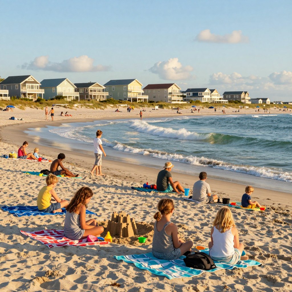 A serene beach scene in Cape May County, NJ, showcasing a perfect family vacation spot. In the foreground, a sandy beach with families enjoying the sun, some building sandcastles, children playing with beach toys, and others relaxing on colorful beach towels. The middle ground features a gentle surf lapping at the shore, with golden and turquoise waves reflecting the sunlight. Families of diverse backgrounds are gathered, dressed in modest summer clothing, embodying a joyful and relaxed atmosphere. In the background, picturesque beach houses with pastel colors and a clear blue sky dotted with gentle clouds add to the charm. The image should be captured during golden hour, with warm, soft lighting enhancing the tranquil mood, evoking feelings of happiness and leisure.