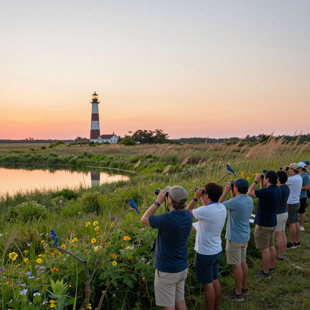 A serene landscape of Cape May Point State Park during a golden hour, capturing the vibrant natural beauty and diverse birdwatching opportunities. In the foreground, a group of birdwatchers in modest casual clothing, equipped with binoculars and notebooks, stands attentively looking towards a colorful bluebird perched on a nearby branch. The middle ground features a lush green meadow dotted with wildflowers and a tranquil pond reflecting the soft orange and pink hues of the sunset sky. In the background, iconic Cape May lighthouse rises against the horizon, surrounded by tall grasses swaying gently in the breeze. The scene should evoke a peaceful and inviting atmosphere, with soft, warm lighting enhancing the natural colors. The angle is slightly elevated, providing a comprehensive view of both the nature and the birdwatching activity without any text or logos.