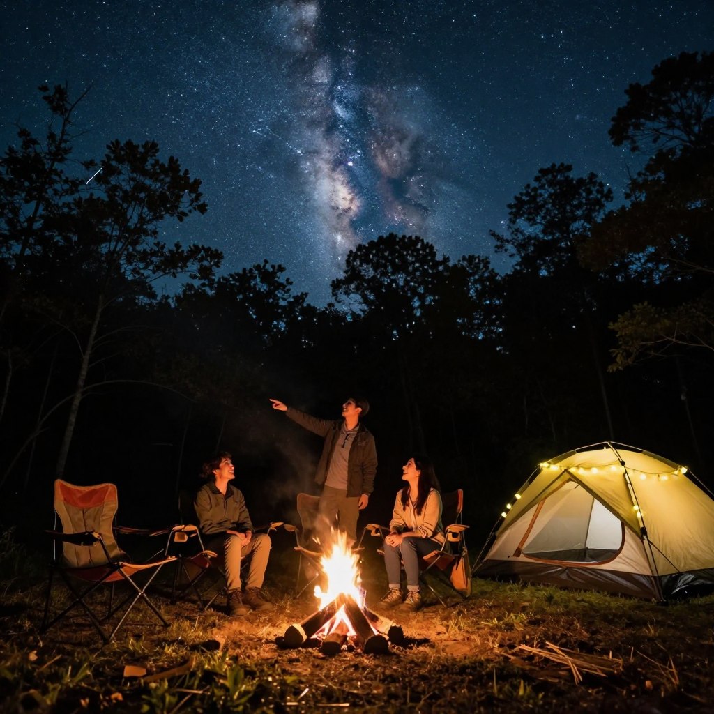 A serene night scene at Jenny Jump State Forest in Warren County, showcasing a cozy camping setup. In the foreground, a small campfire crackles softly, illuminating a circle of comfortable camping chairs and a tent pitched nearby, adorned with a warm glow from fairy lights. In the middle, a couple of people in casual outdoor attire gaze up at the starry sky, pointing to constellations, with happy expressions. The background features the forest silhouettes under a star-filled sky, with the Milky Way visible in vibrant detail. The mood is tranquil and magical, with a balance of cool and warm lighting, capturing the essence of peaceful stargazing and camping in nature. The angle is slightly elevated, creating a wide view of the landscape.